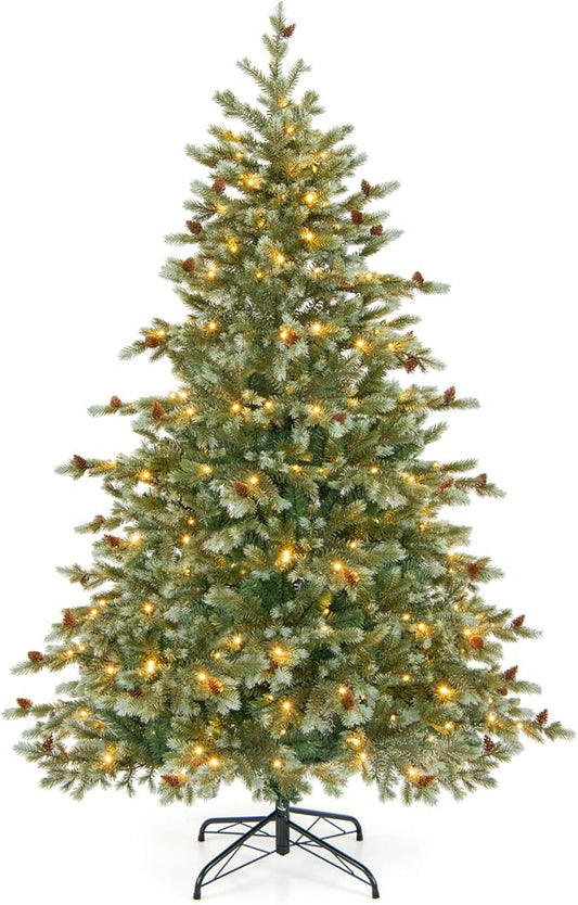 GOFLAME 6FT Pre-Lit Christmas Tree, Artificial Xmas Tree with 590 Branch Tips, 53 Pine Cones, 240 Warm White LED Lights, 8 Lighting Modes, Holiday Decoration Tree for Home, Shop & Office