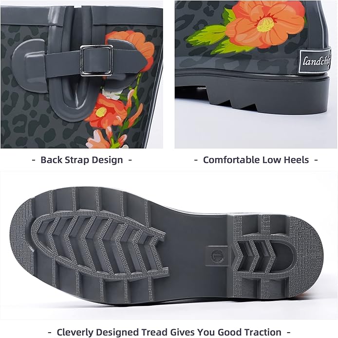 landchief Rain Boots for Women, Waterproof Ladies Tall Knee High Rubber boots,Comfort Garden Boots Anti-Slip Mid Heel Women Rain Shoes Outdoor