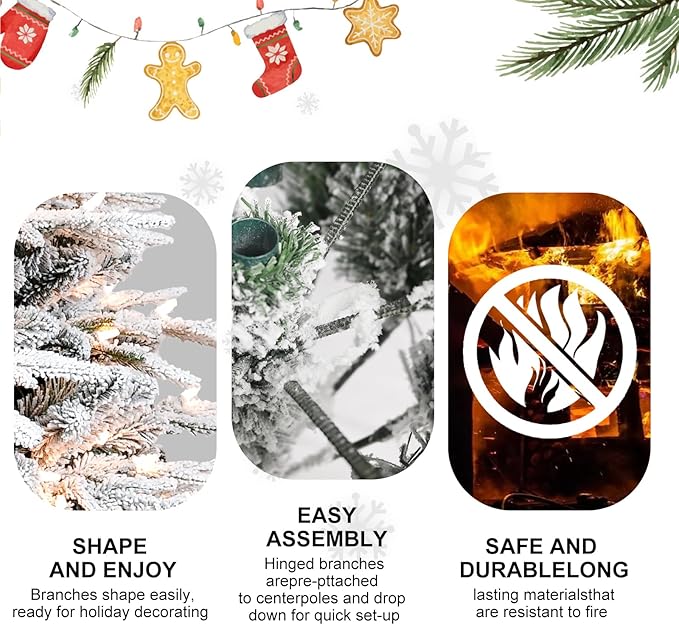 Prelit Flocked Artificial Full Christmas Tree 6FT with 2056 PE PVC Tips, Premium Snow Pre-Lit Holiday Xmas Tree with 400 UL Incandescent Lights, Foldable Base for Home Office Party