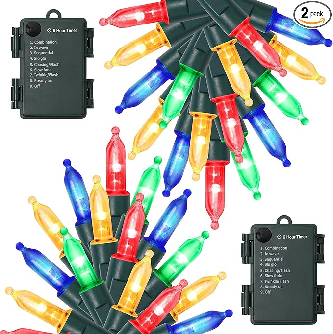 WATERGLIDE 2 Pack 50 LED Outdoor Christmas Lights, 16FT Battery Operated Mini String Lights with 8 Modes & Timer, Xmas Tree Lights Waterproof for Patio Garden Party Wedding Holiday Decor, Multicolor