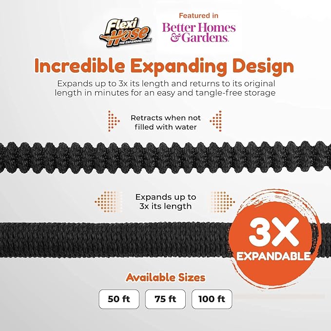 Flexi Hose Upgraded Expandable Garden Hose Extra Strength 3/4 Solid Brass Fittings - The Ultimate No-Kink Flexible Water Hose (Black, 50 FT)