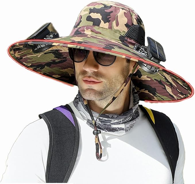 Men's Solar & USB Charging Wide Brim UPF50+ Sun Hat with Dual Fans for Outdoor Activities (Black, Medium)