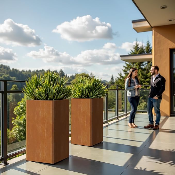 28 Inch Co rten Steel Planter-Modern Square Metal Outdoor Planters for Front Porch, Patio & Garden -Large Tall Planters (14" L X 14" L X 28" H)