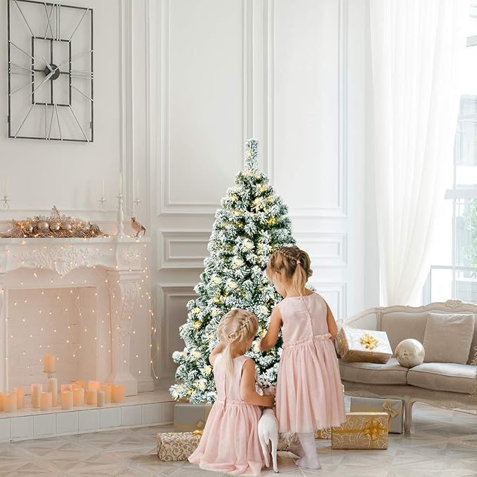 Happygrill 4.5FT Pre-lit Artificial Hinged Christmas Pine Tree Snow Flocked Christmas Tree with Solid Metal Stand Flexible Branches Traditional Festival Decoration Tree