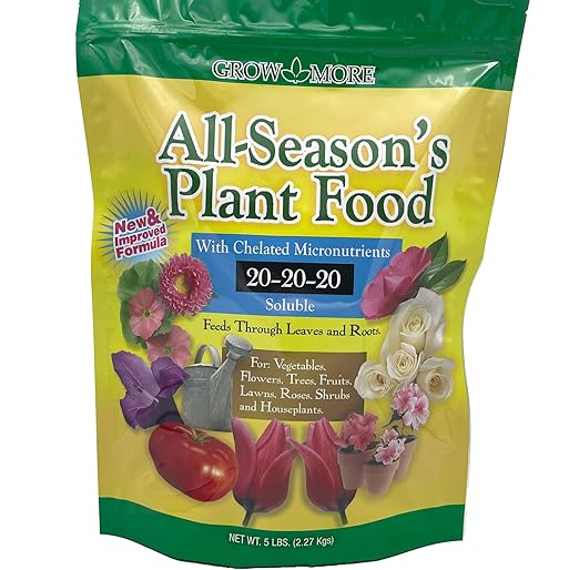 Grow More All-Season's Plant Food (20-20-20 Fertilizer) - 5lbs of All Purpose Fertilizer - Water Soluble Food for Houseplants & Outdoor Plants with Chelated Micronutrients
