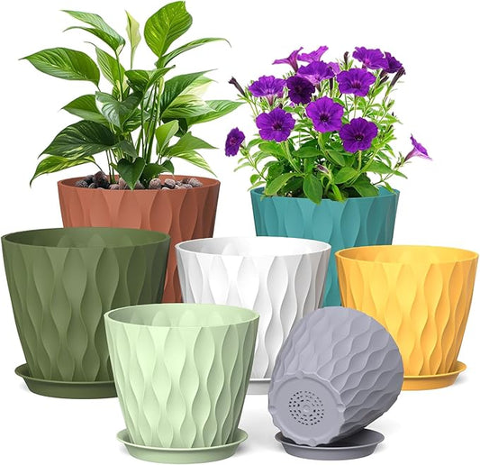 7/6.5/6/5.5/5/4.5/4 inch Plant Pots for Indoor Outdoor Plants, 7 Pack Thick Flower Pots with Drainage Holes and Saucers, Modern Wave Texture Small Plastic Planters Nursery Pots, Multicolor