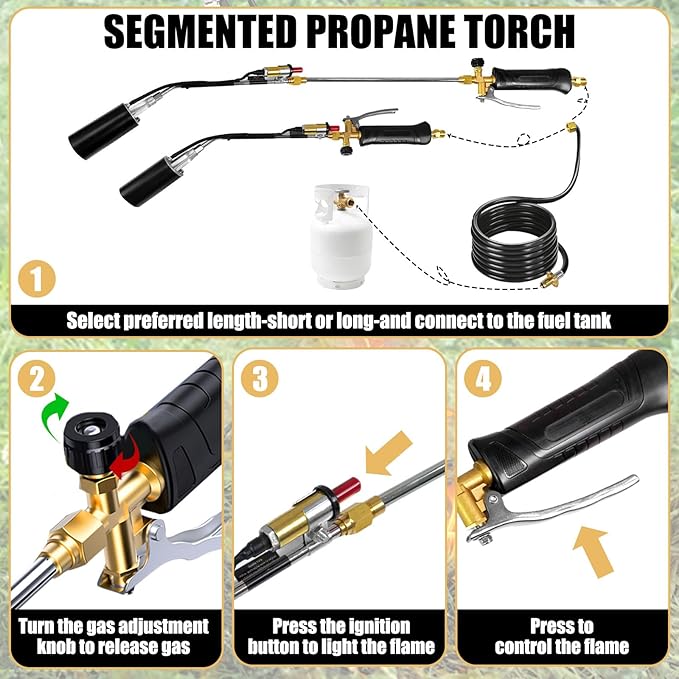 Torch Weed Burner High Output 1,200,000 BTU Blow Torch for Weed，with 11.5FT Hose，Torch with Flame Control For Weeding，Melting Snow, Road Marking，Garden, Wood, Snow, Stumps (Black)