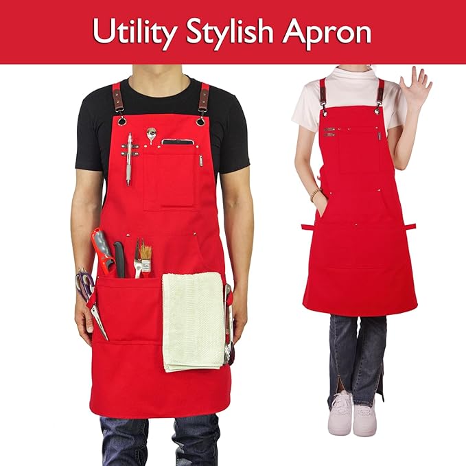 Kitchen Apron, Work Apron, Canvas, Multiple Pockets, Gardening, Painting, BBQ, Artist, Carpenter, Sizes M to XXL, Red