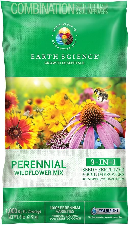 Earth Science Perennial Wildflower Mix—6 lb—3-in-1 Formula with Premium Wildflower Seeds, Plant Food and Soil Conditioners - Non-GMO, Natural Ingredients