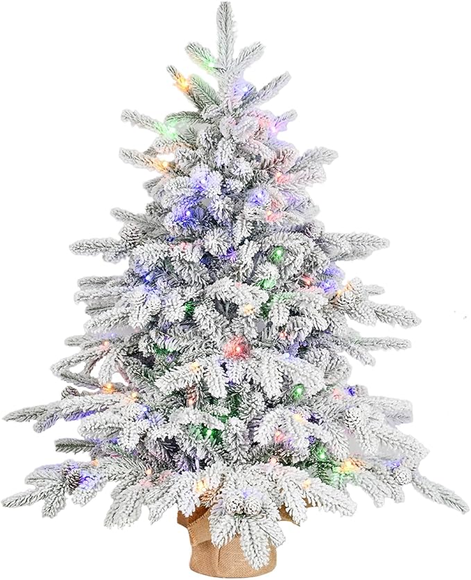 Prelit Flocked Christmas Tree, Artificial Small Christmas Tree with 100 Warm White & Multi Color Led Lights, Frosted LED Xmas Tree with Snow (3FT-Lights)