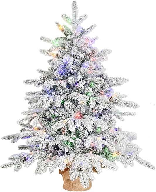 Prelit Flocked Christmas Tree, Artificial Small Christmas Tree with 100 Warm White & Multi Color Led Lights, Frosted LED Xmas Tree with Snow (3FT-Lights)