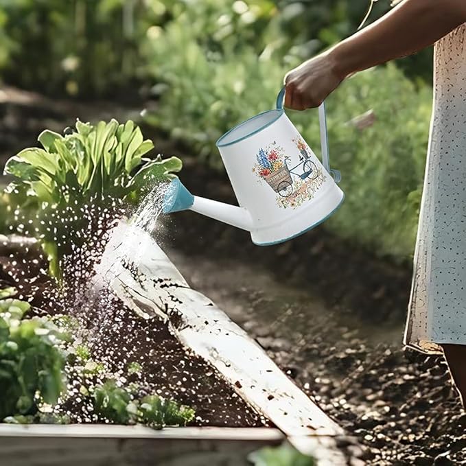 Small Watering Can for Indoor Plants Garden Metal Decorative Watering Can Outdoor Bonsai Balcony Courtyard Garden Flower Decorative, 1.5L, 50.7 Oz (White Blue)
