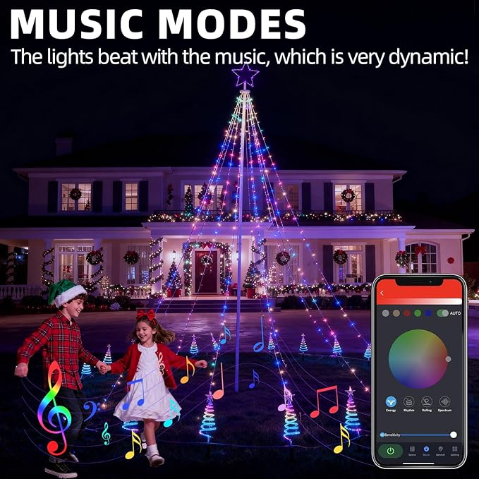 12FT 740LEDs Smart Outdoor Christmas Tree Lights With Sturdy Iron Pole, App Control DIY Color Changing, Music Sync, Timer, 100+ Modes Waterproof Large Star Waterfall Light for Outside Yard Lawn Decor