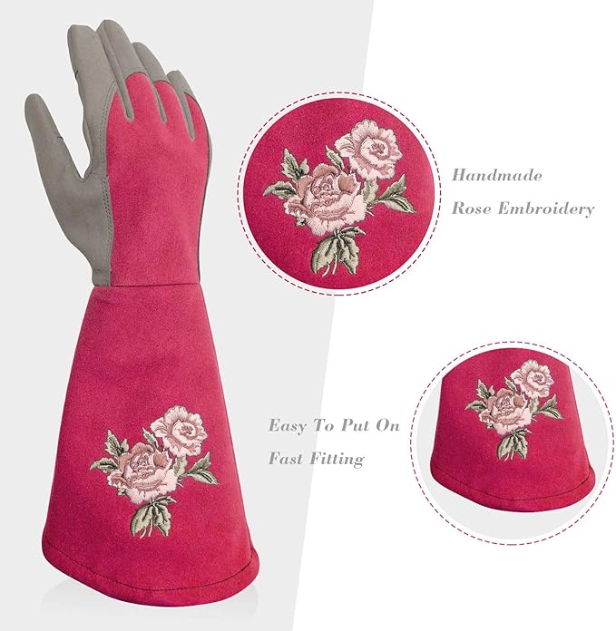 Rose Pruning Gloves Thorn Resistant, Embroidery Gardening Gloves with Extra Long Forearm Protection