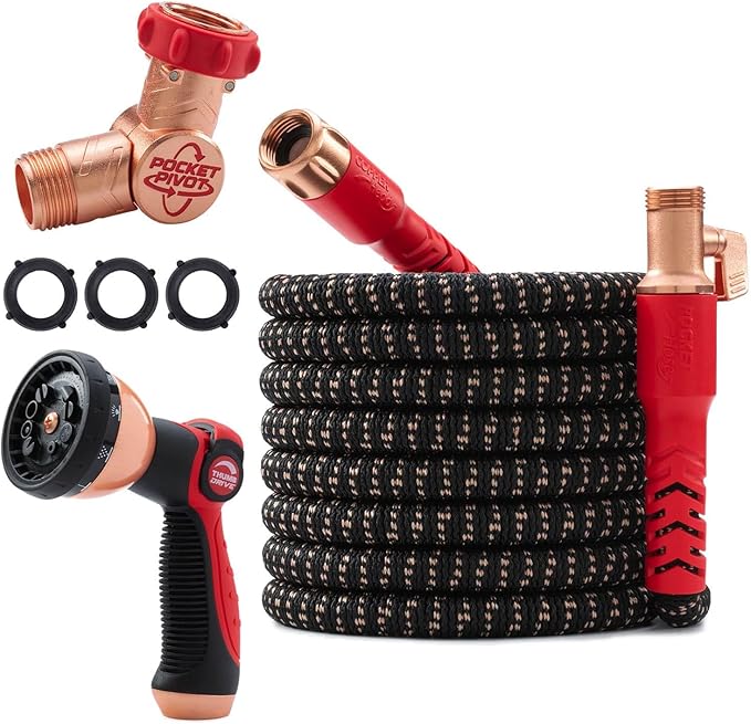 Pocket Hose Copper Head UV w/Pocket Pivot, Expandable Garden Hose 75 FT w/10 Pattern Thumb Sprayer AS-SEEN-ON-TV 650psi 3/4in Ultra-Light Solid Copper Anodized Aluminum Fittings No-Kink No-Lead