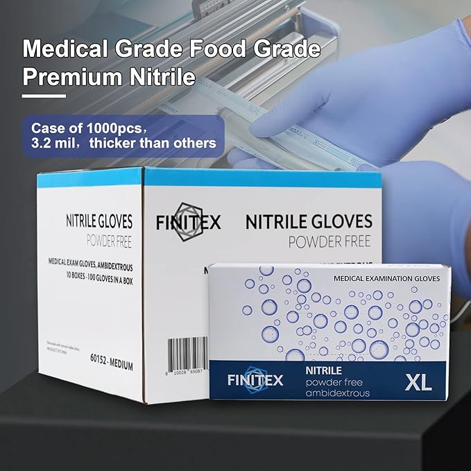 FINITEX Ice Blue Nitrile Exam Gloves - Powder-free, 1000 PCS Medical & Home Cleaning Gloves