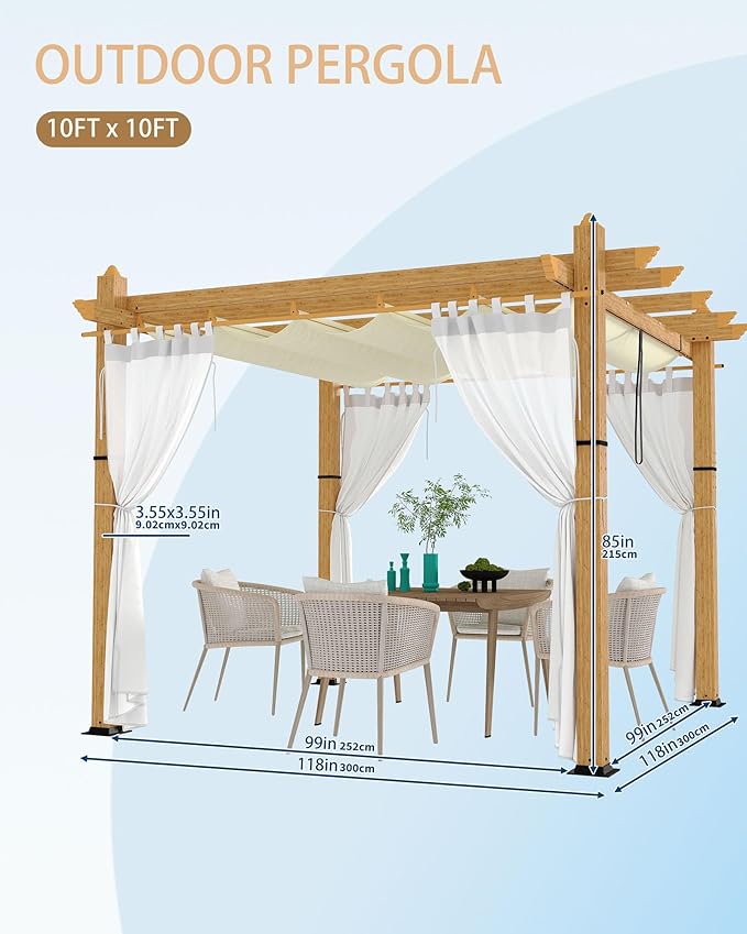 Garvee 10x10 Ft Outdoor Pergola with Retractable Canopy Metal Gazebo Imitation Wood-Grain Column with Side Mesh Screen Modern Pavilion for Backyard Deck(Beige+White)