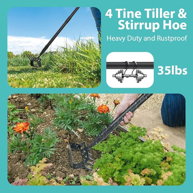 Upgraded Hula Hoe and Garden Hoe, Stirrup Hoe with Adjustable Handle for Weeding Digger loosening Soil Metal Garden Cultivator Hula Hoe with Rake Tiller Cultivator (30-62 Inch)