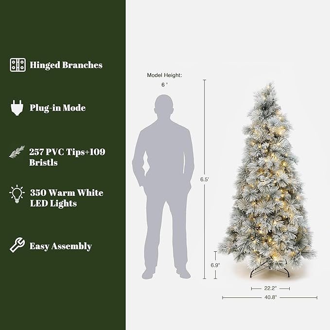 LuxenHome 6.5FT Christmas Tree with Lights, Flocked Pine Tree with 350 LED Lights, Full Downswept Christmas Trees with Lights and Metal Stand for Living Room, Entryway Holiday Decor