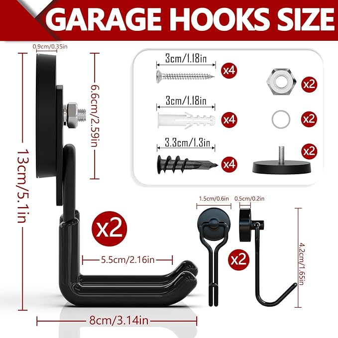 3-H Heavy Duty Magnet Garage Hooks 2 Pack, Large Strong Magnetic Hooks for Hanging Cordless Power Drill, Utility Magnetic Tool Holder for Metal Cabinet, Steel Pegboard, Toolbox, Garage(Black)