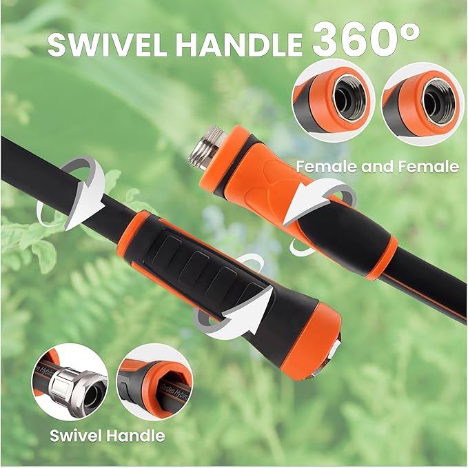 Giraffe Tools Garden Hose 50ft x 5/8", Water Hose Heavy Duty, Flexible with Hose Splitter, Nozzle and Yard Sprinkler, Lightweight Hybrid Hose with Swivel Handle, Male to Female Fittings, Burst 600 PSI