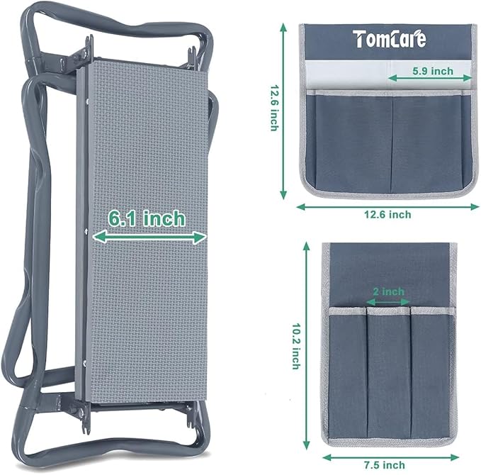 TomCare Garden Kneeler Seat Garden Bench Garden Stools Foldable Stool with Tool Bag Pouch EVA Foam Pad Outdoor Portable Kneeler Christmas Gardening Gifts for Women Men,Large 21.65"x10.62"x18.89",Grey
