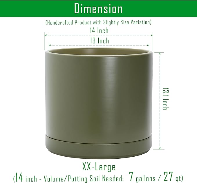 D'vine Dev 14 Inch Ceramic Planter Pot with Drainage Hole and Saucer, Indoor Cylinder Round Planter Pot, Olive, 94-O-G-J