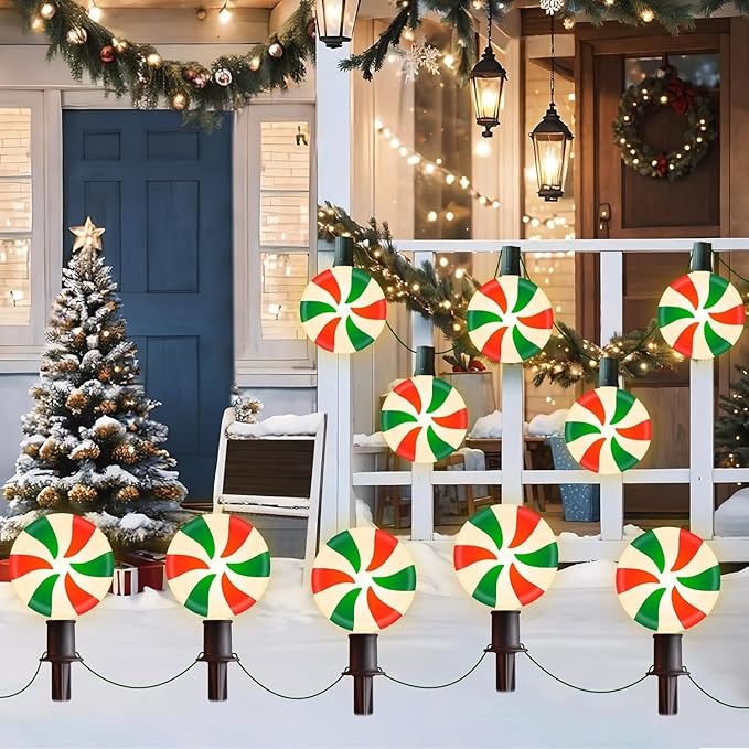 Ultimate Unicorn Christmas Lollipop Pathway Lights for Garden Christmas Decoration Red and Green, 10 LED Peppermint String Lights with Stakes for Outdoor Sidewalk Pathway Rooftop Lawn Garden