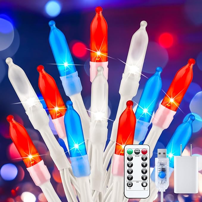 Red White Blue String Lights Plug in with Adapter,100 LED 33 Feet 4th of July Decoration Patriotic Mini Lights with Remote, Waterproof for Indoor Bedroom Wedding Party Holiday Independence Day