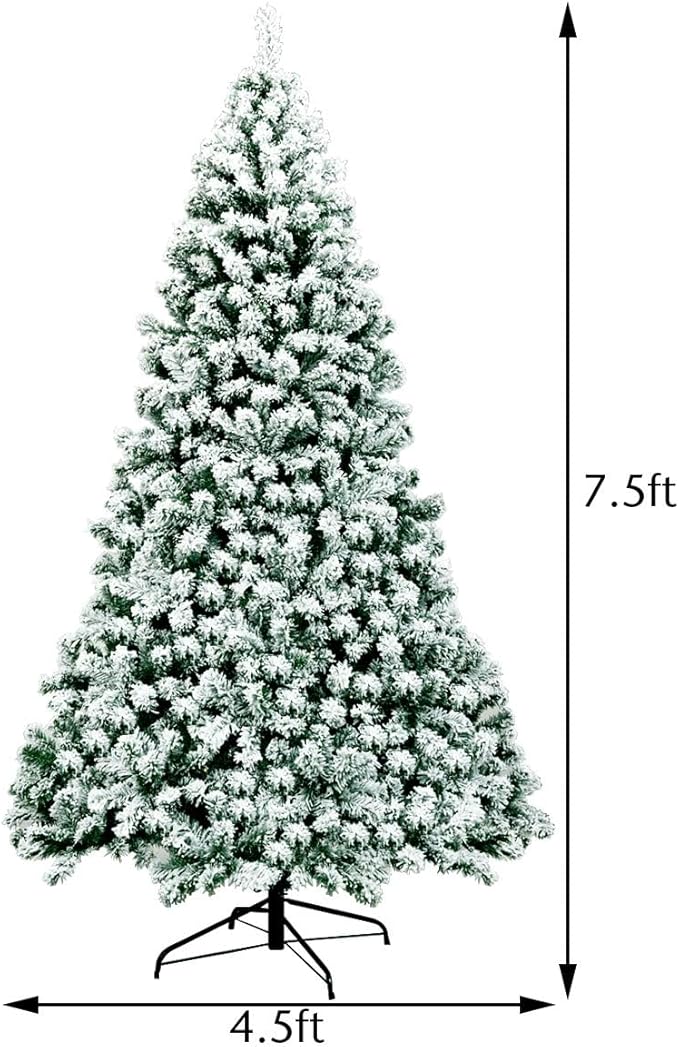 HAPPYGRILL 7.5FT Pre-lit Artificial Christmas Tree Hinged Snow Flocked Christmas Pine Tree with Solid Metal Stand Flexible Branches Traditional Festival Decoration Tree