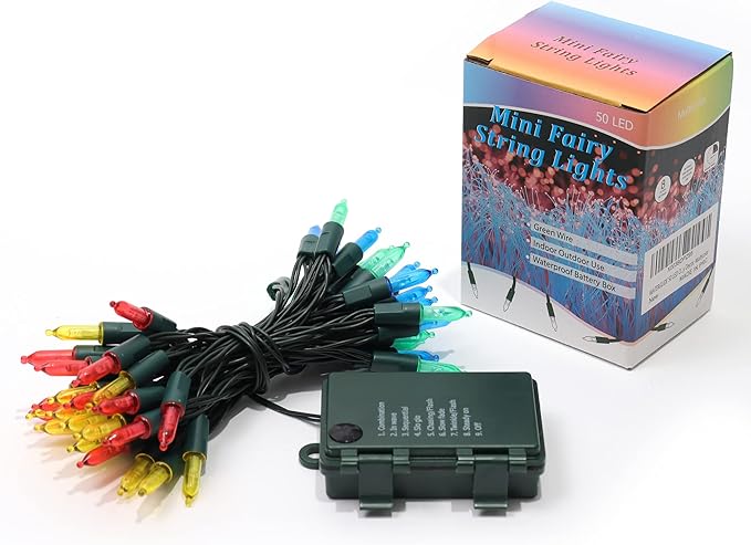 WATERGLIDE 50 LED Outdoor Christmas Lights, 16 FT Battery Operated Mini String Lights with 8 Modes & Timer, Xmas Tree Lights Waterproof for Patio Garden Party Wedding Holiday Decor, Multicolor