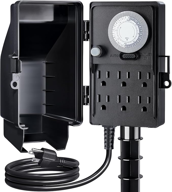SURAIELEC Outdoor Power Stake Timer, 24-Hour Mechanical Light Timer, Electrical Power Strip Weatherproof, 6FT Extension Cord Multiple Outlet Plug for Patio Lights, Halloween Decorations, ETL Listed