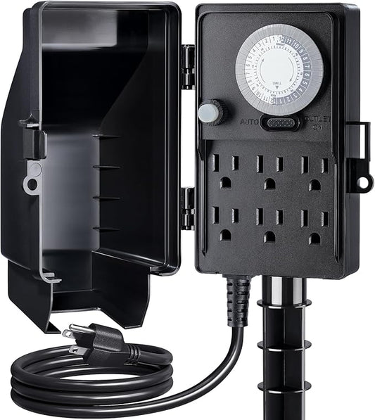 SURAIELEC Outdoor Power Stake Timer, 24-Hour Mechanical Light Timer, Electrical Power Strip Weatherproof, 6FT Extension Cord Multiple Outlet Plug for Patio Lights, Halloween Decorations, ETL Listed