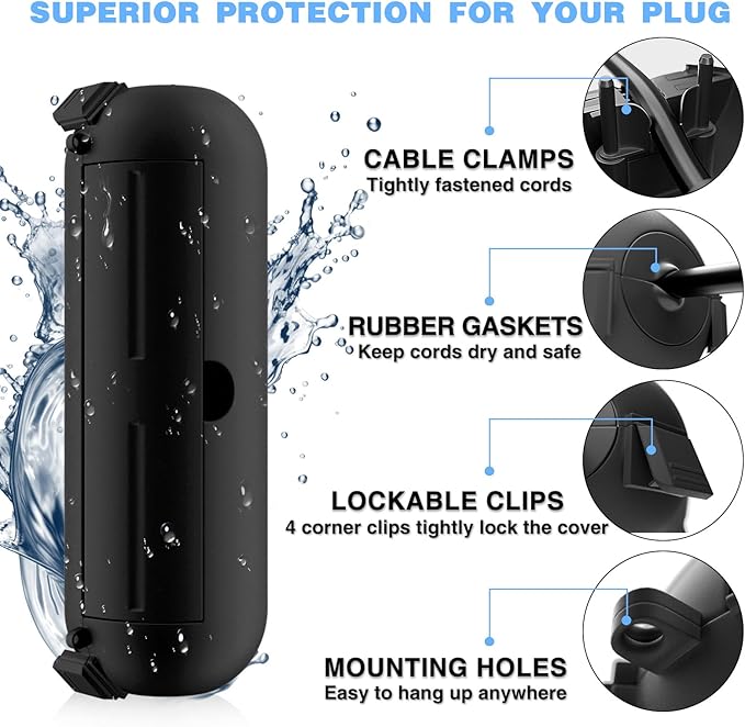 Flemoon [6 Pack] Outdoor Extension Cord Safety Cover with Waterproof Seal, Weatherproof Electrical Connection Box to Protect Outdoor Outlet, Plug, Socket, Christmas Holiday Decoration Light, Black
