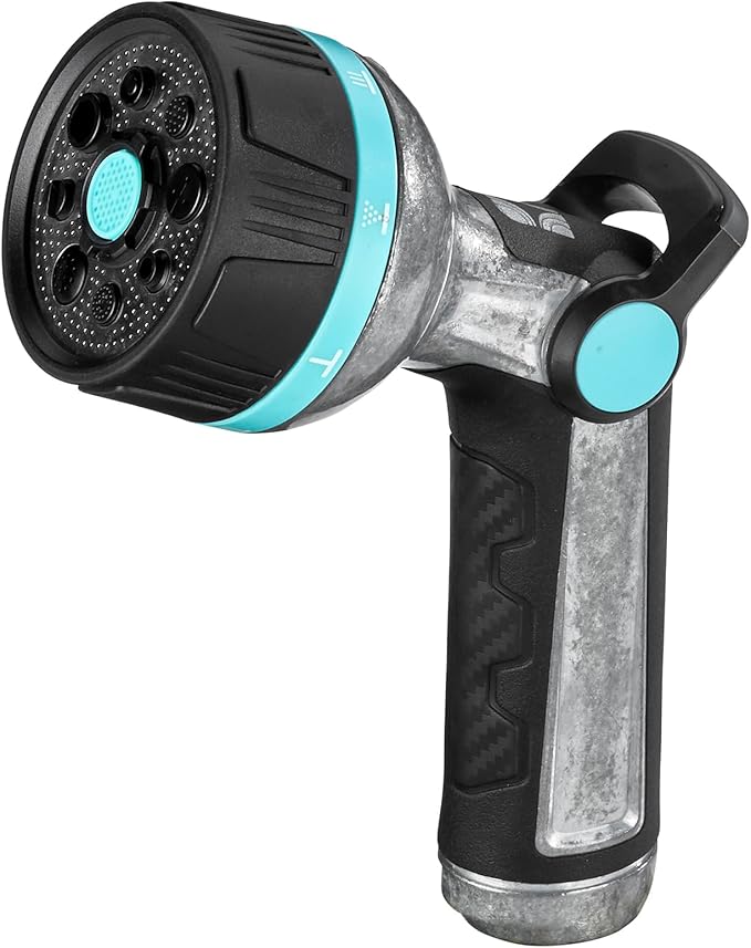 Heavy Duty High Pressure Metal 8 Pattern Hose Nozzle 500011 with Thumb Control and Extended Handle Comfort Grip by New England Garden Tools for Cleaning, Watering Plants & Yards, Washing Cars & Pets