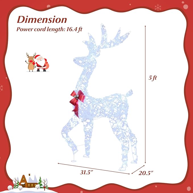 Tangkula 5 FT Lighted Christmas Reindeer, 3D Standing Lighted Buck Deer with LED Lights, Indoor/Outdoor Lighted Holiday Decor for Yards Garden Lawn Patio