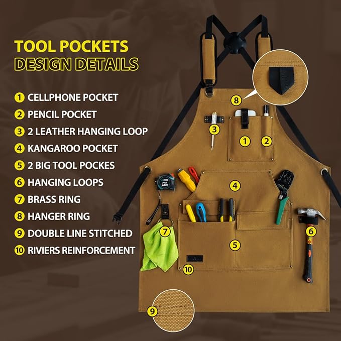 ROTANET Woodworking Apron for Men, Canvas Work Aprons Waterproof Heavy Duty Tool Pockets for Shop Carpenter Woodworkers Gifts