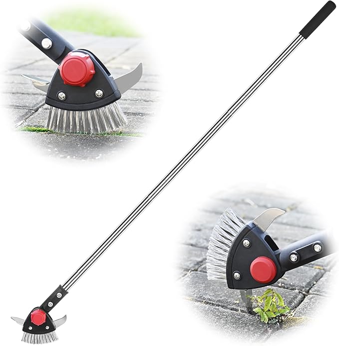 Crack Weeder Long Handle 3-in-1 Adjustable Crevice Cleaning Tool with Stainless Steel Weed Brush with 2 Scrapers Weed Puller Tool for Driveway, Patio Sidewalk to Remove Moss Weeds Dirt