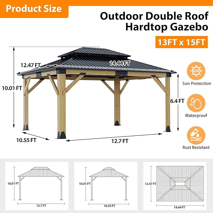 13x15FT Wood Gazebo,Outdoor Wooden Gazebo with Galvanized Steel Double Roof, Hardtop Gazebos for Garden, Patio, Deck, Backyard