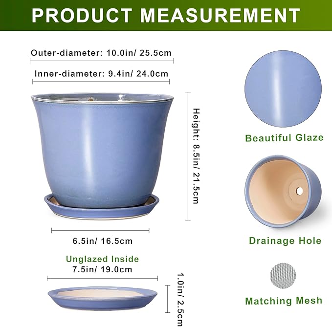 Ceramic Plant Pots - 10 Inch Plant Pot for Indoor Outdoor, Round Planter with Drainage Hole and Saucer, Decorative Large Planters, Modern Flower Pots, House Decor, Garden Gift, Purple-Blue