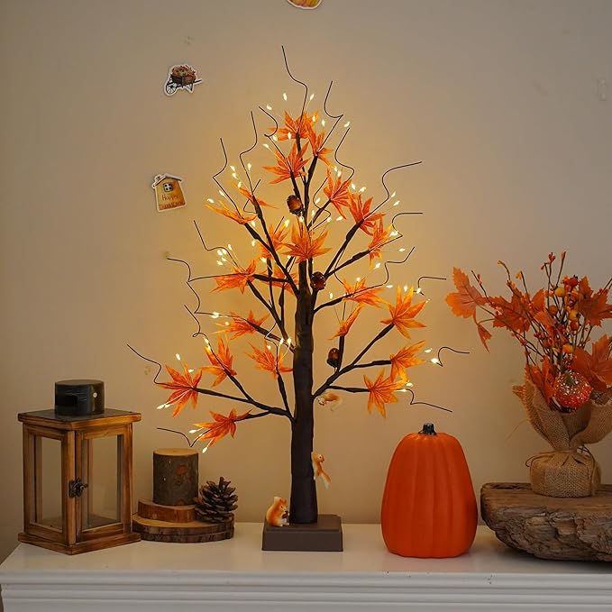 24” 72 LED Fall Decorations for Home, Birch Tree Lighted Fall Maple Leaves Artificial Tree LEDs Autumn and 3 Squirrel,Acorn Ornaments USB/3AA Battery Timer for Gifts Thanksgiving Indoor