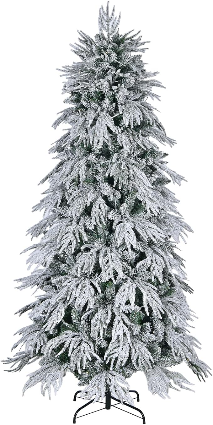 7ft Slim Flocked Christmas Tree, Pre-lit Christmas Tree with 767 Premium PE&PVC Tips, 250 Warm White LED Lights, Skinny Noble Artificial Xmas Trees for Home, Corner, Narrow Place Holiday Decoration