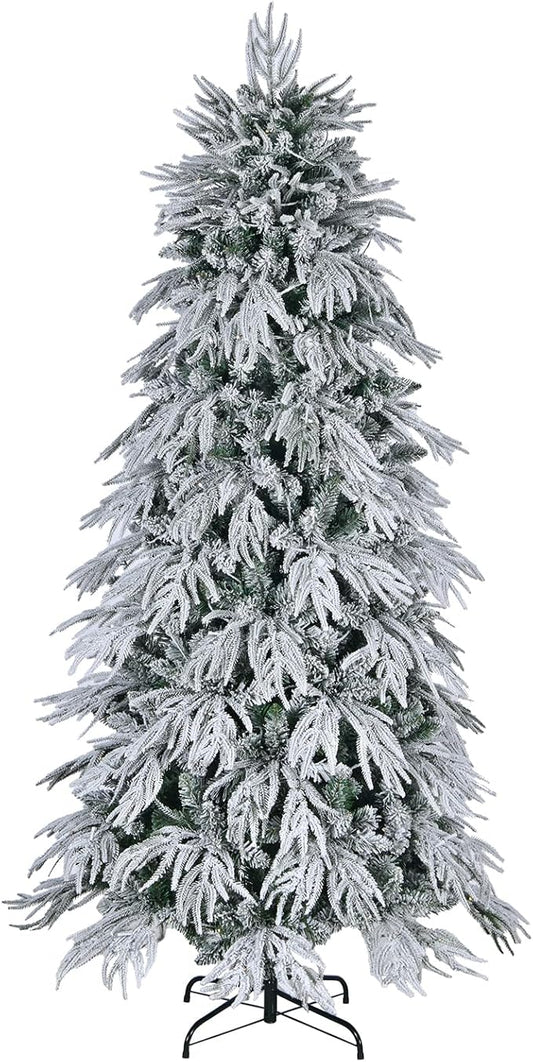 7ft Slim Flocked Christmas Tree, Pre-lit Christmas Tree with 767 Premium PE&PVC Tips, 250 Warm White LED Lights, Skinny Noble Artificial Xmas Trees for Home, Corner, Narrow Place Holiday Decoration