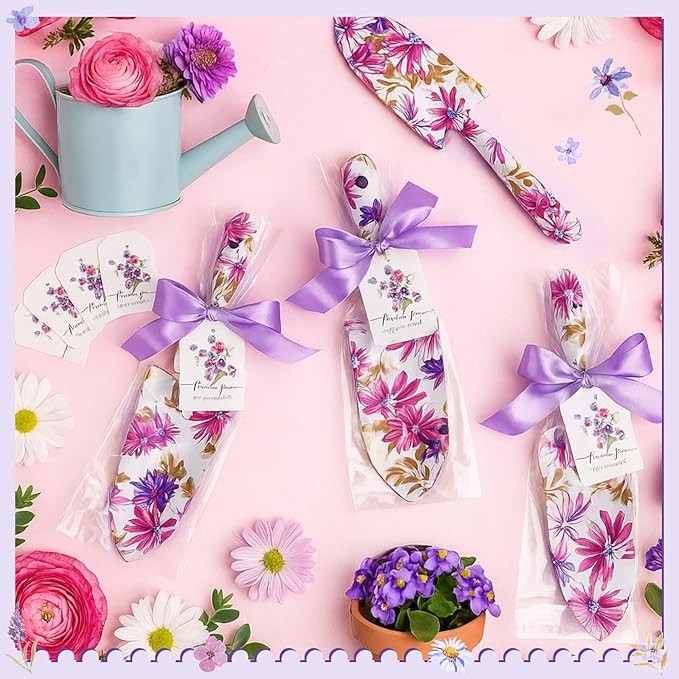 Capoda 12 Sets Floral Garden Shovels Bulk Gardening Gift for Women Mini Garden Tools Heavy Duty Floral Hand Trowels Thank You Cards with Gift Bags for Mom Birthday Teacher Employee(Purple,Elegant)