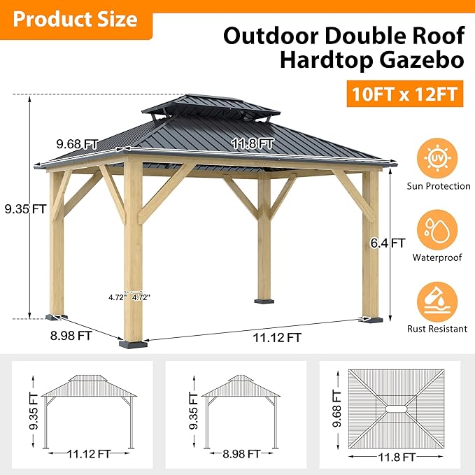 10'x12' Wood Gazebo, Outdoor Solid Wooden Gazebo with Double Roof Galvanized Steel Top, Hardtop Cedar Frame for Garden, Patio, Deck, Backyard