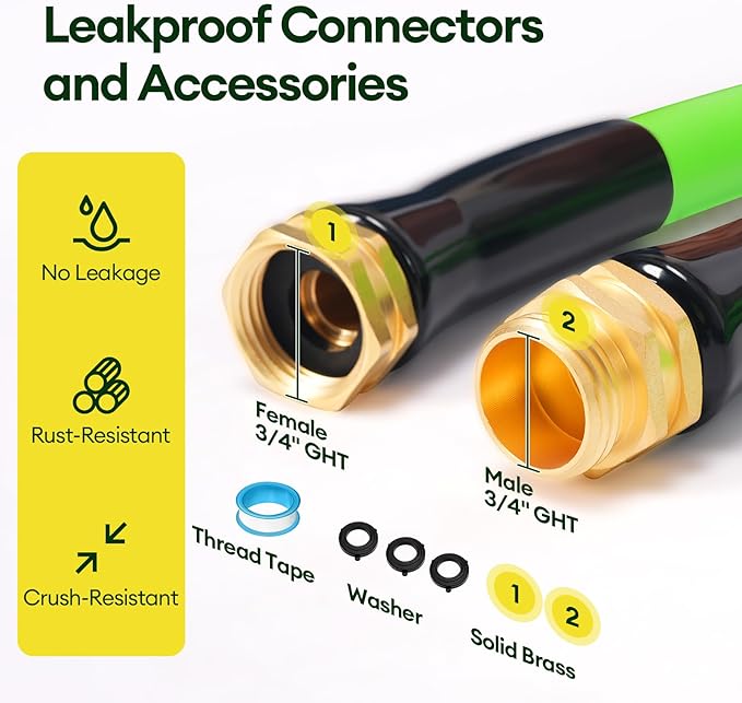 100 ft Garden Hose, 5/8 in ID, Heavy-Duty, Leakproof, Kink-Resistant Water Hose with Swivel Brass Fittings, 600 PSI Burst Rating, Ideal for Car Wash & Lawn Watering