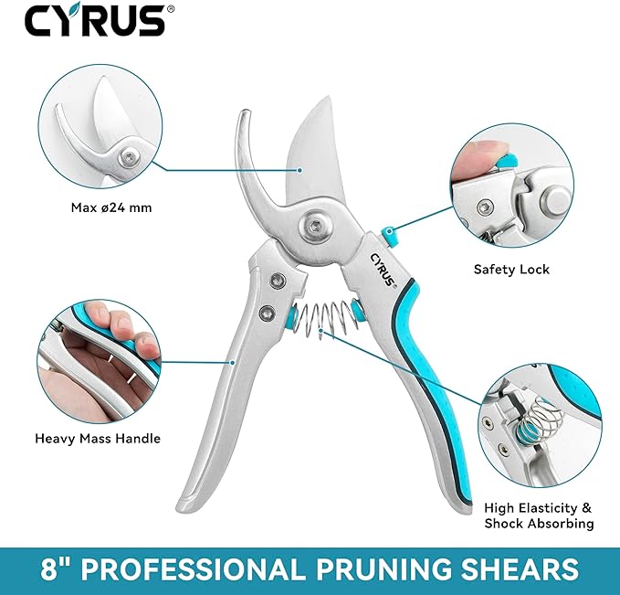 CYRUS Pruning Shears, 8" Pruning Shears Professional Steel Blades with Bypass Edge for Cutting Branches and Twigs up to 24mm in Diameter, Tool for Pruning Garden Branches and Potted Plants (00317)