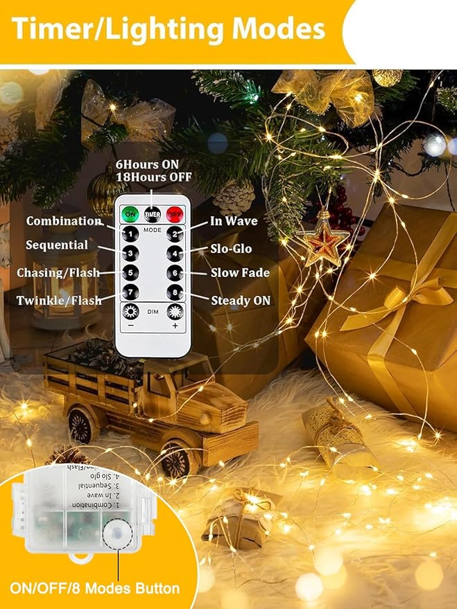 4 Pack Christmas Fairy Lights Battery Operated with Remote, 33FT 100LED Waterproof Twinkle Lights with Timer, String Light Indoor & Outdoor for Bedroom Wedding DIY Christmas Decoration (Warm White)