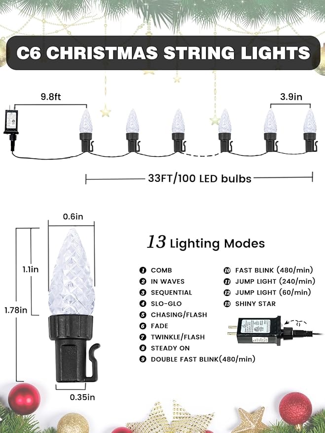 2 Pack C6 Christmas Lights Outdoor Indoor, Total 200 LED 66 FT Connectable Christmas String Lights with Timer & 13 Modes, Waterproof Twinkle Light for Xmas Tree Party Wedding Decorations (Cool White)