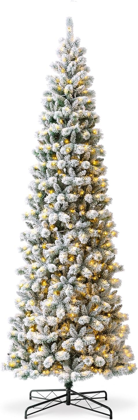 Glitzhome 11ft Pre-Lit Flocked Pencil Artificial Christmas Tree, Portland Snowy Pine Pencil Christmas Tree with 700 LED Lights, 9 Functional Warm White/Multi-Color, Remote Controller